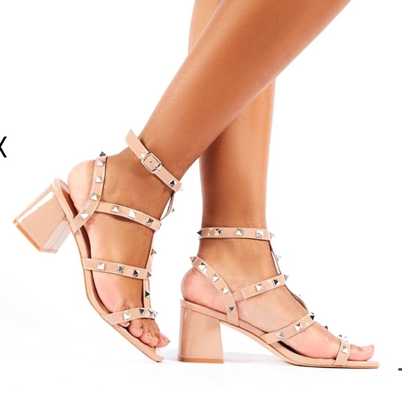 Public Desire Shoes - Public Desire Always Studded Nude Mid Block Heels